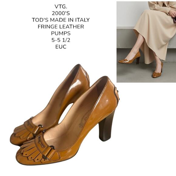 2000'S TOD'S‎ MADE IN ITALY TAN LEATHER FRINGE PUMPS SIZE 5-5/12 - Picture 1 of 8